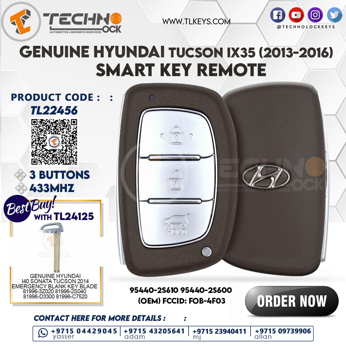 Smart key remote for Tucson and IX35 2013 2016