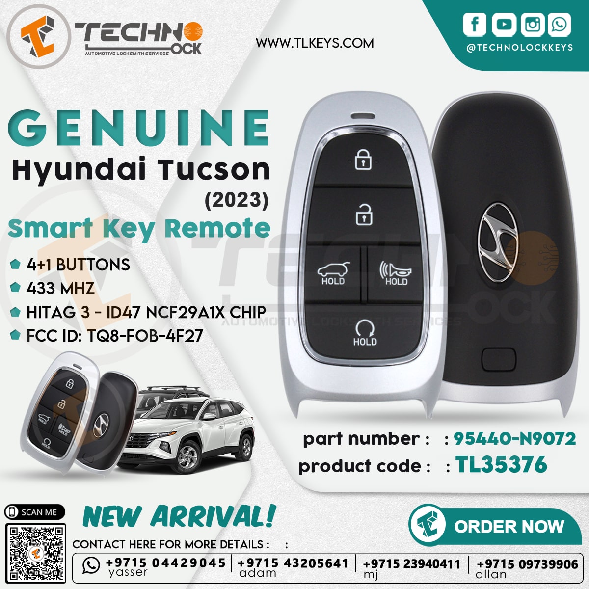 Genuine Hyundai Tucson 2023 Smart Key Remote 4+1 Buttons 433 MHz HITAG 3 -  ID47 P/N: 95440-N9072