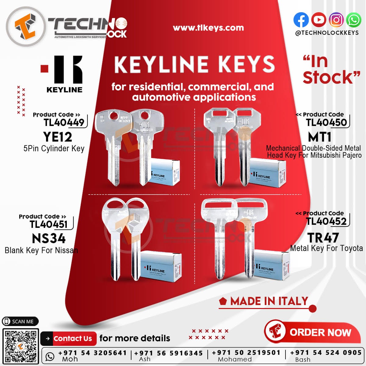 Display of Keyline keyline keys for residential, commercial, and automotive applications. The keys come in various shapes and sizes, suited for different lock types. Text on the image indicates the keys are in stock.