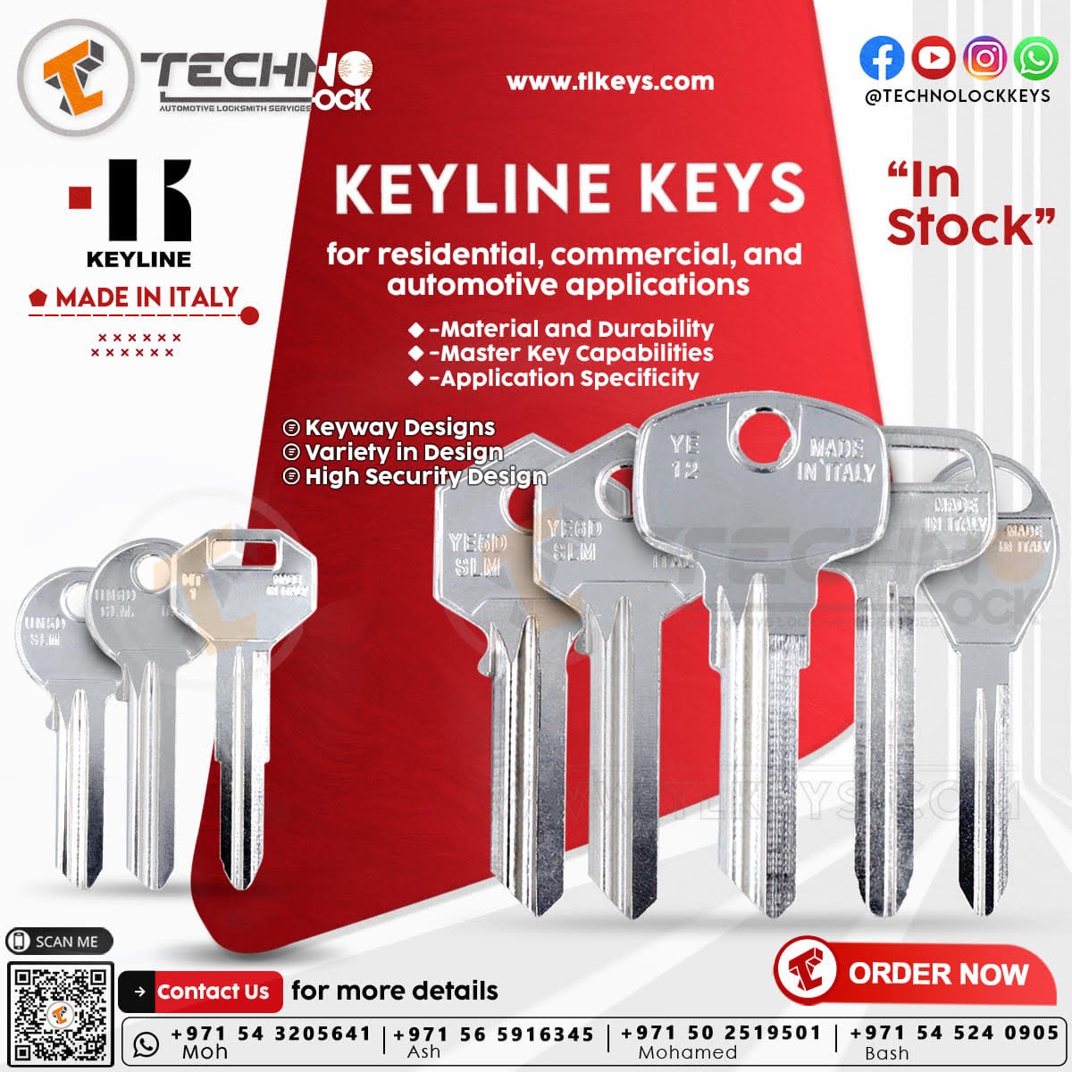 A close-up image of a Keyline replacement key, made from steel and finished in nickel plating, alongside a compatible lock system. The key is inserted into the lock's keyhole, ready to unlock or lock the door. The lock system may feature a transponder chip for electronic access control.