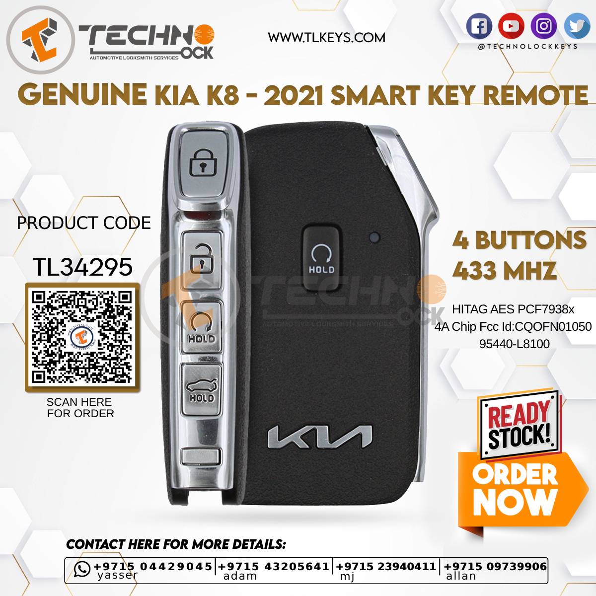 Smart Key Remote 4 Buttons 433-MHz