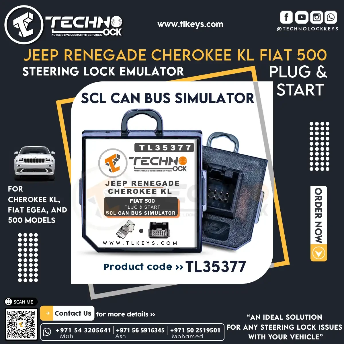 AutoSync Pro: Steering Lock Emulator for Jeep Renegade, Cherokee KL, and Fiat 500 - Plug & Start CAN BUS Simulator