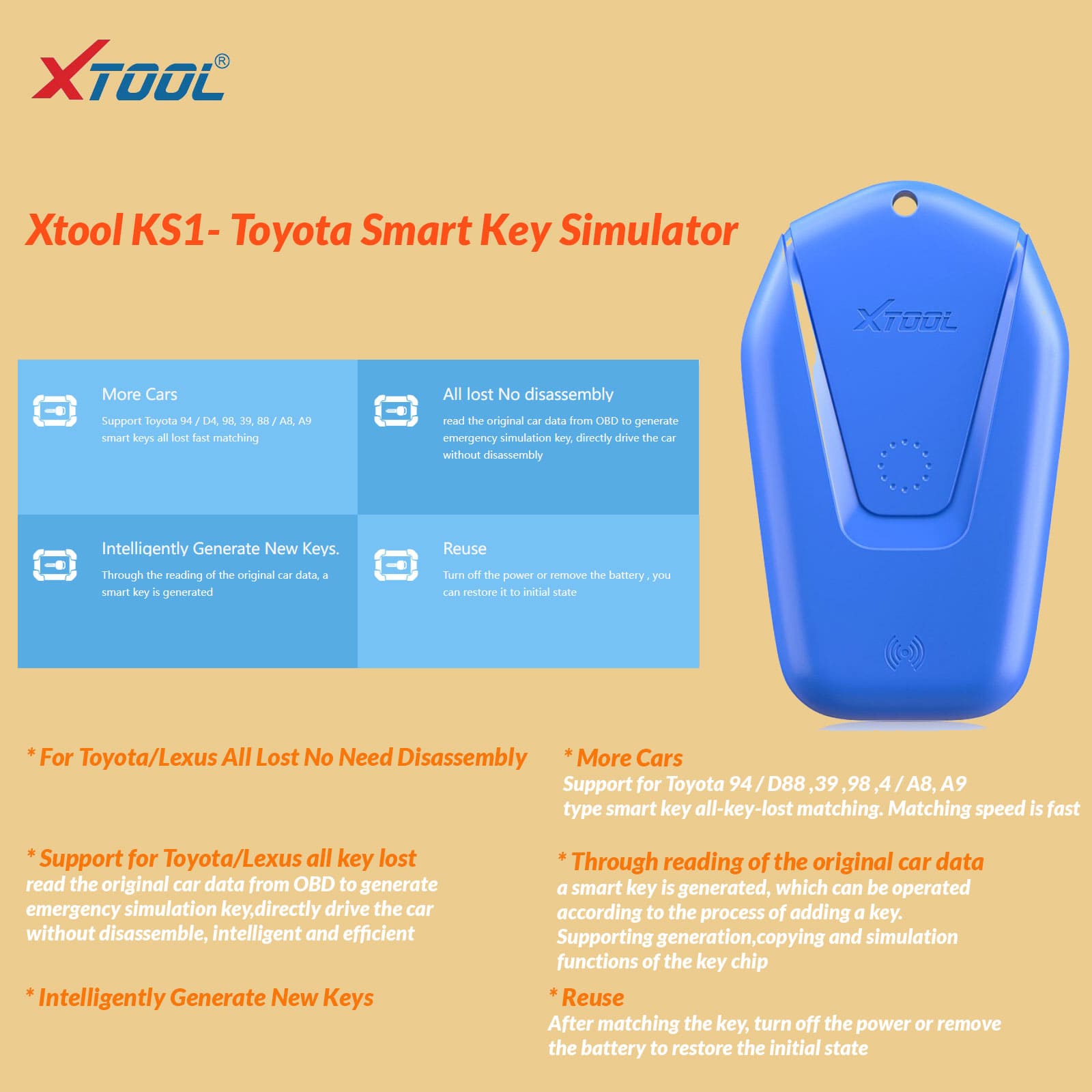 XTOOL KS-1 Smart Key Emulator for Toyota Lexus All Keys Lost No Need Disassembly Work with X100 PAD2/PAD3.