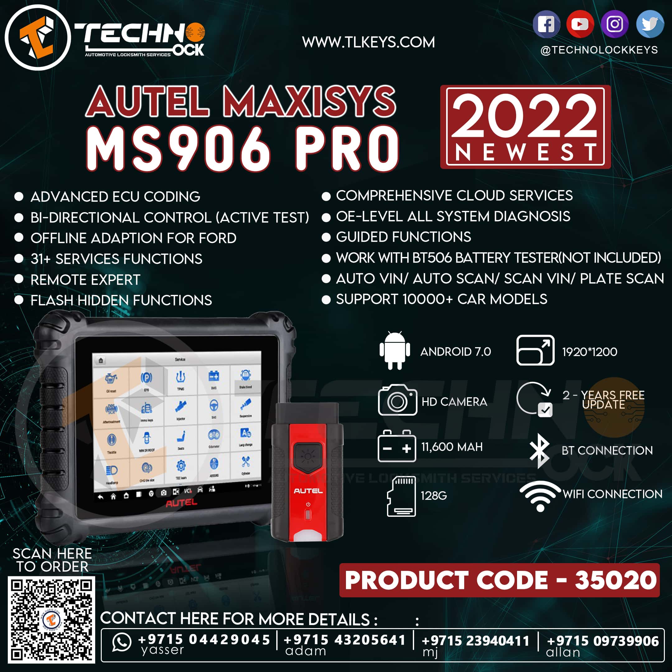 Autel MaxiSYS MS906 Pro OBD2/OBD1 Bi-Directional Diagnostic Scanner and Key  Programmer Get a Free BT506 As Gift
